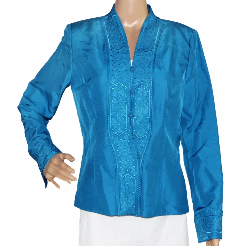 ADRIANNA PAPELL Womens Embroidered Blue Silk Blazer Jacket Size 8 EUC